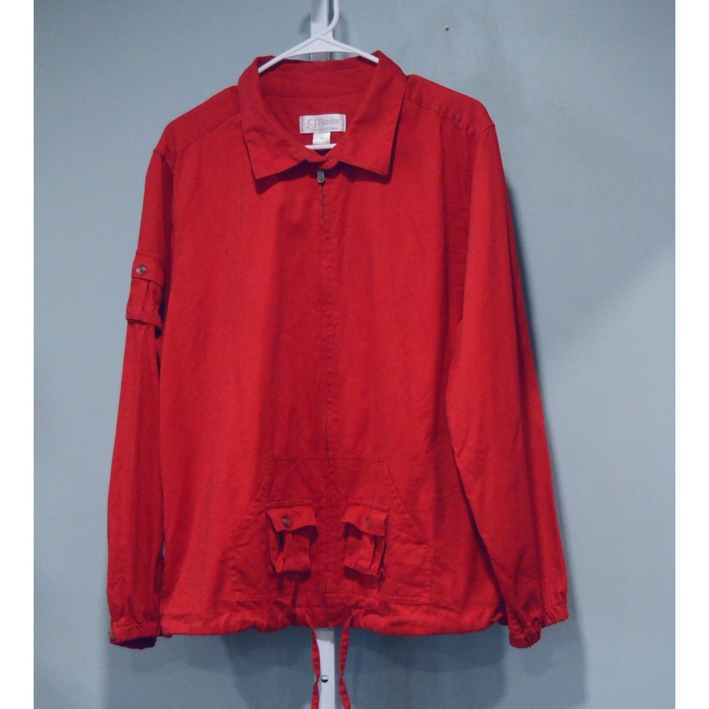 CJ Banks Size 1X Red Jacket Full Zip Drawstring Hem Patch & Slash Pockets